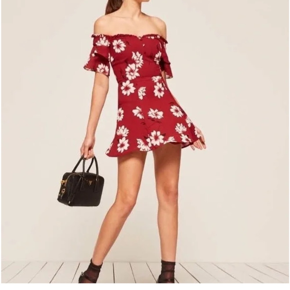 Reformation Red Floral Diana Mini Dress Size 0 Off Shoulder